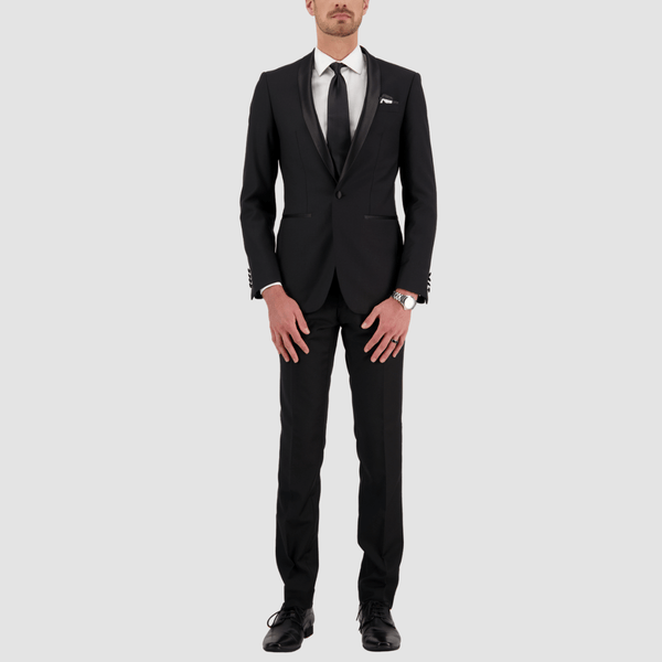 mens slim fit black tuxedo with a satin shawl lapel and matching satin neck tie