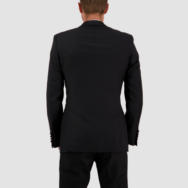 the back of the savile row mens black tuxedo jacket with a tailored fit