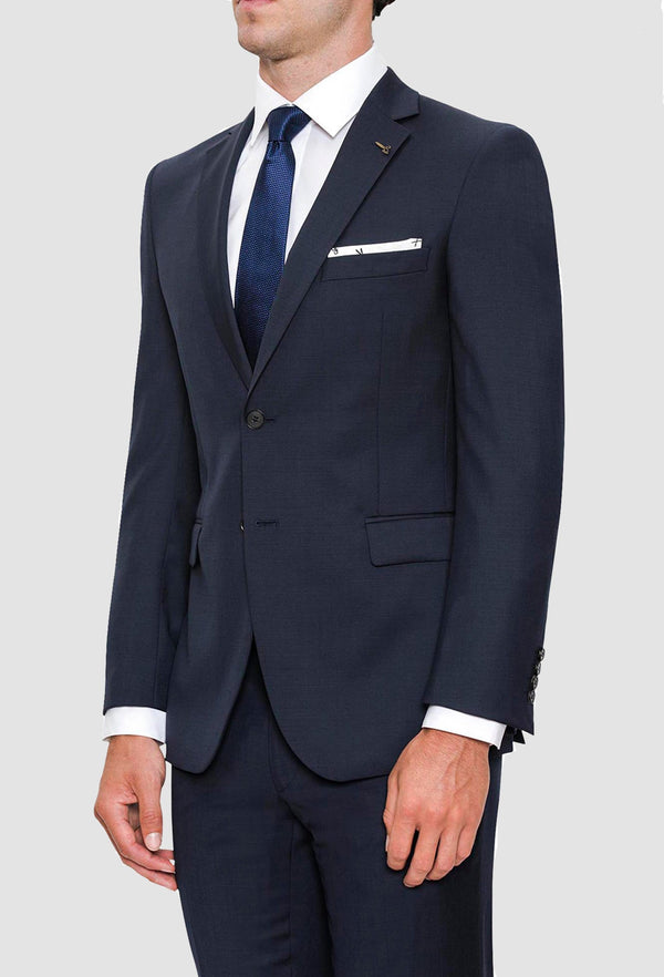 A side v view of the Joe Black slim fit anchor suit in navy pure wool FJV033 including the single breasted lapel details