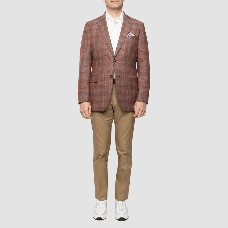 the lola mens sports jacket by studio italia worn with white shirt and tan chino pants