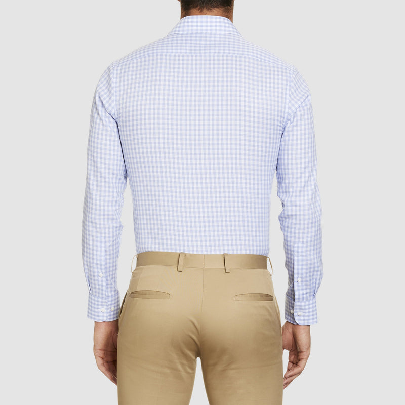 a back view of the studio italia slim fit conran shirt in blue and white check ST-15