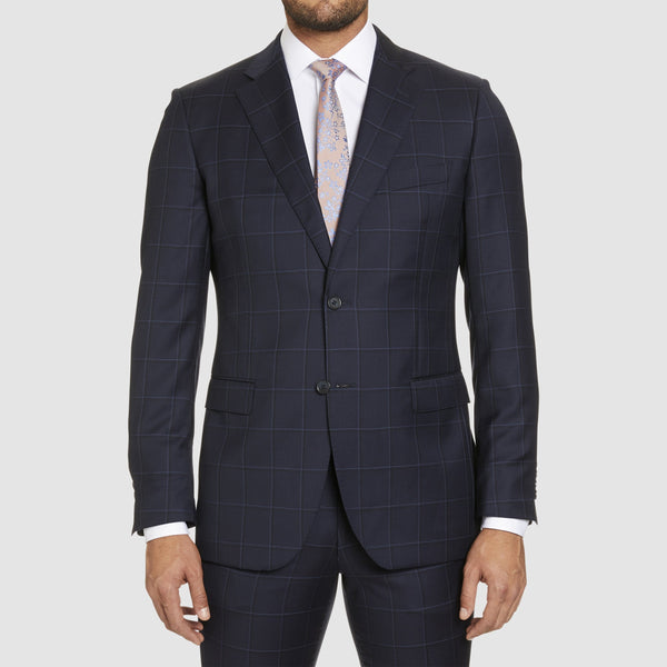 a front view of the studio italia slim fit florence suit jacket in navy check pure wool  ST-465-11