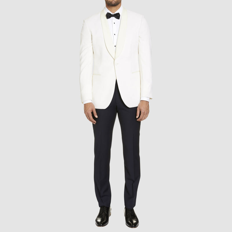 a full length view of the a front view of the studio italia slim fit prince shawl collar tuxedo jacket ST-436-81 in ivory