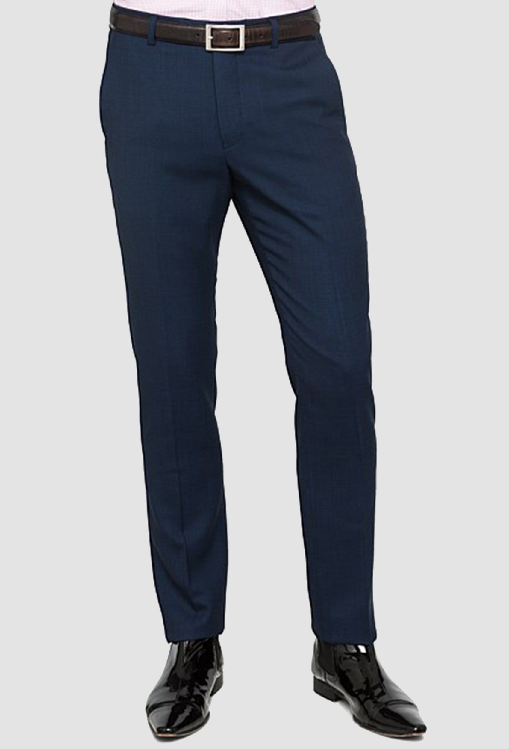 a front view of the ted backer slim fit Ralph Birdseye trouser in navy pure wool showing the fast front tapered leg