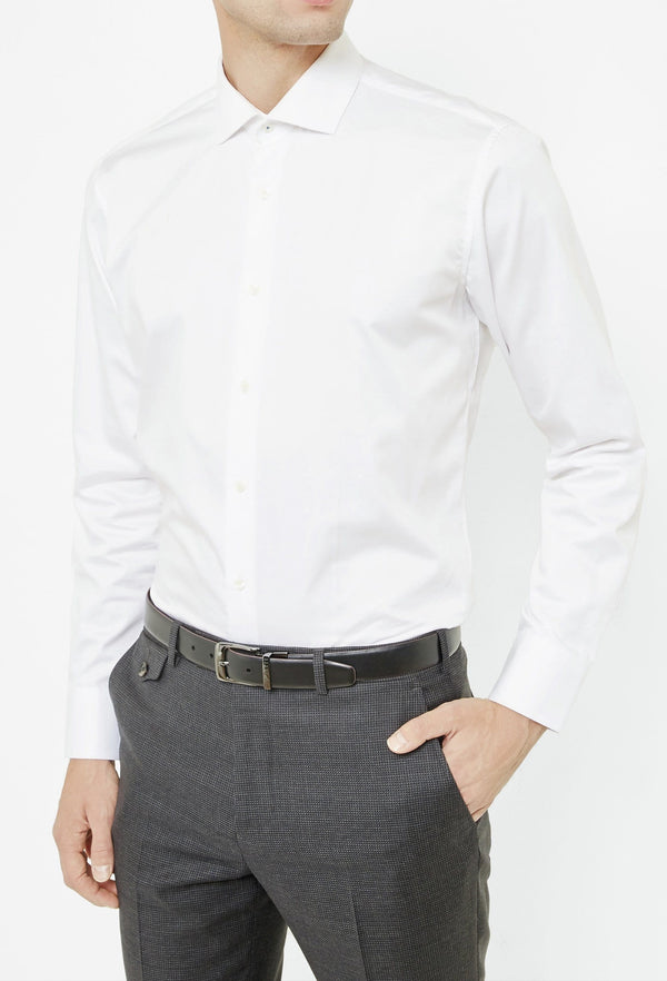 Ted Baker slim fit rosest shirt in white 2RA6899 from view styled with a grey trouser