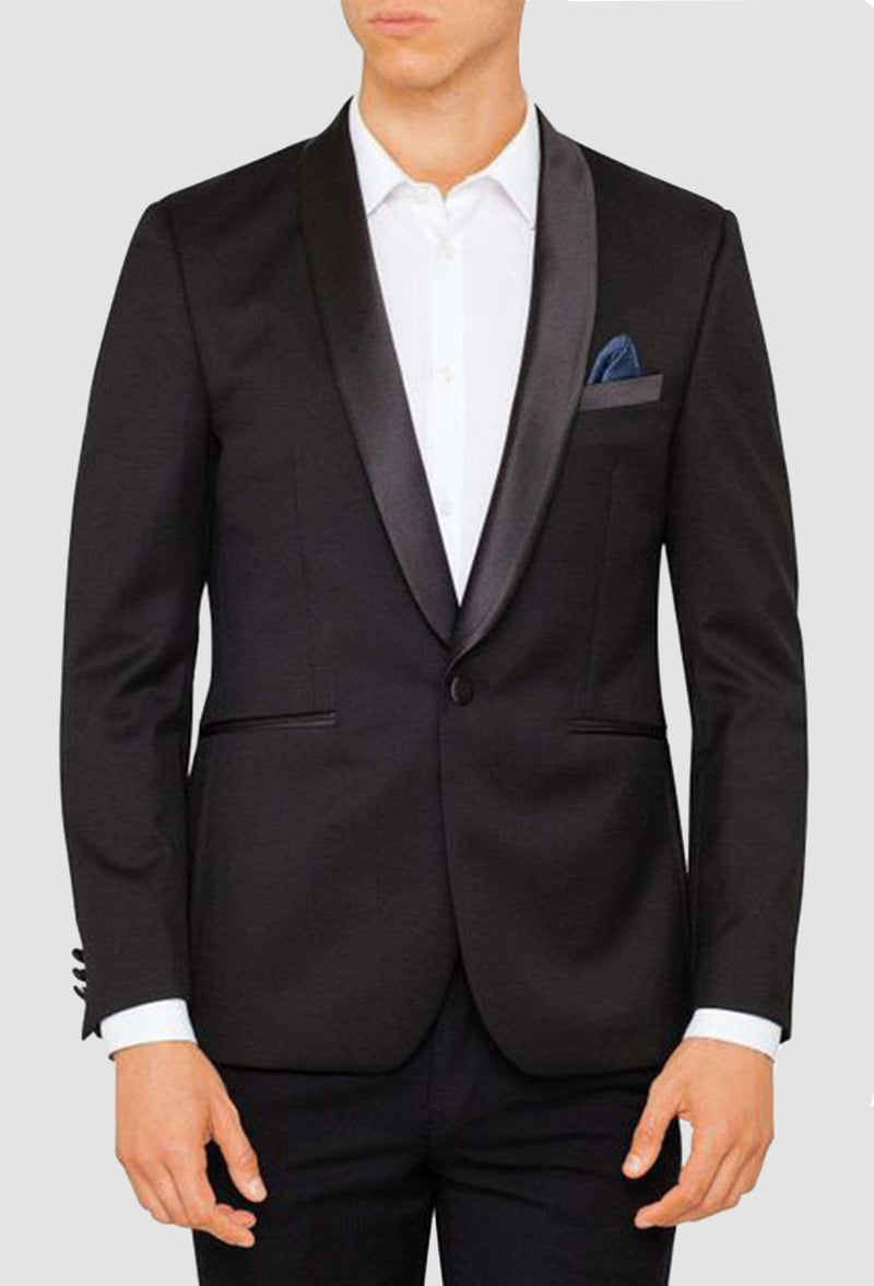 a front view of the ted baker slim fit twilite tuxedo jacket and trouser in black pure wool displaying its satin lapel, satin chest pocket and single button closure