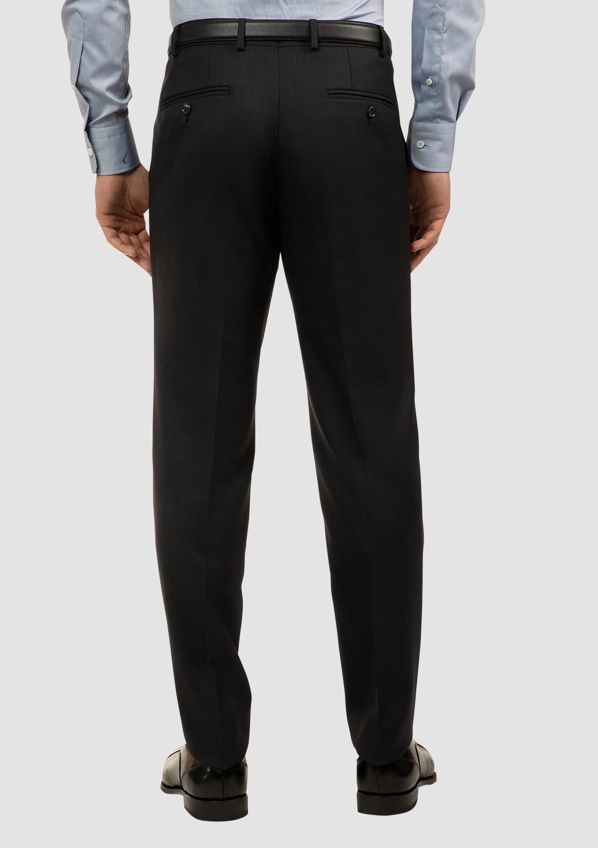 back view of the cambridge classic fit interceptor trousers in charcoal pure wool showing the back hip pocket detail FCI417