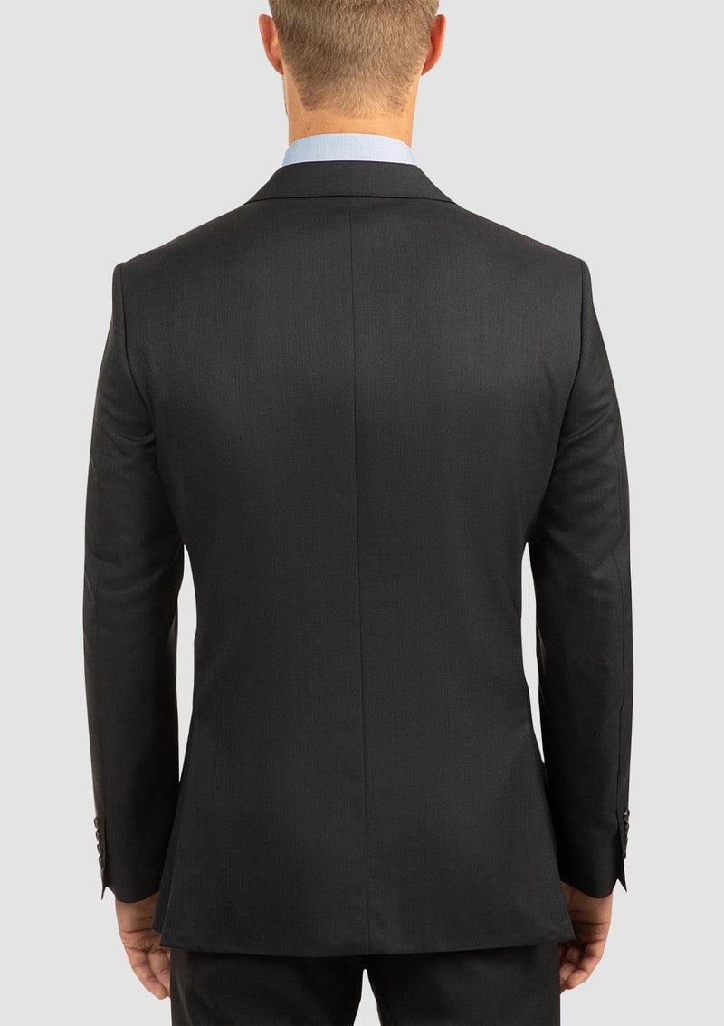 the back of the cambridge classic fit morse mens suit in charcoal pure wool