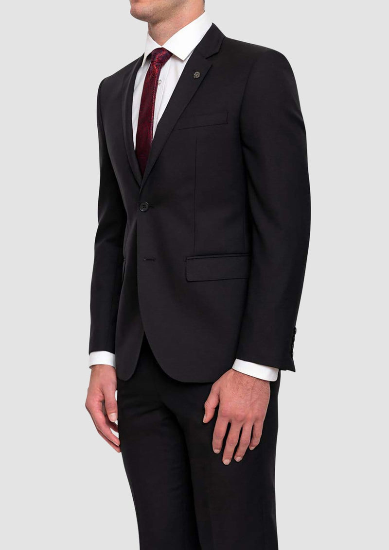 the side view of the cambridge classic fit morse suit jacket in black FMG100