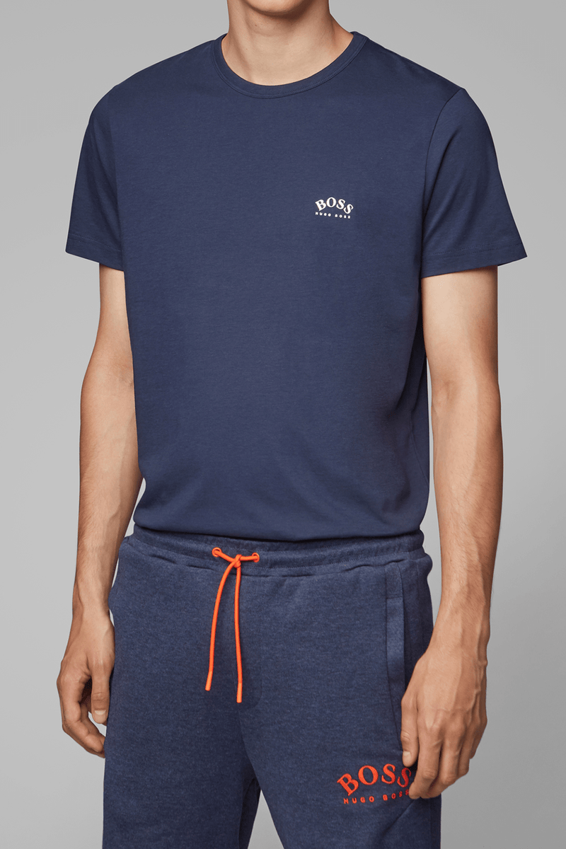 hugo boss mens navy crew neck cotton tshirt worn with a navy sweat pant, white small logo on the front