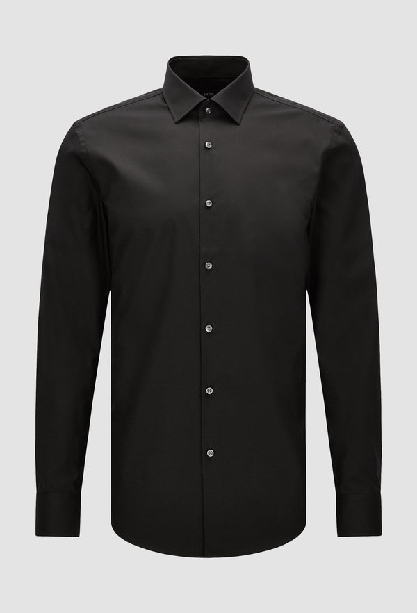 a front view of the Hugo Boss slim fit jenno business shirt in black cotton poplin laying on a grey background