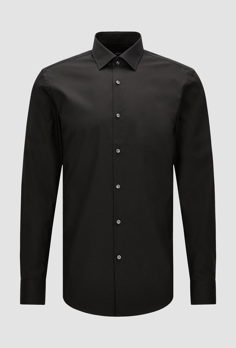 a front view of the Hugo Boss slim fit jenno business shirt in black cotton poplin laying on a grey background