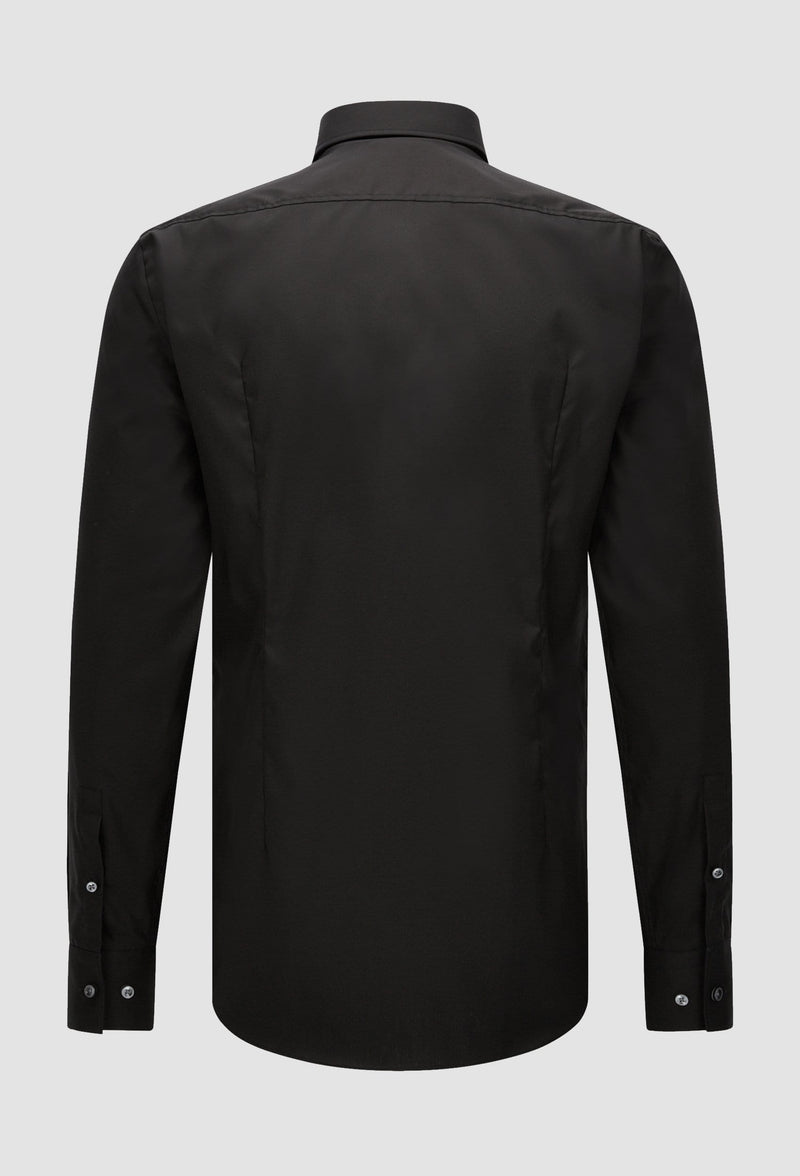 a back view of the Hugo Boss slim fit jenno business shirt in black cotton poplin