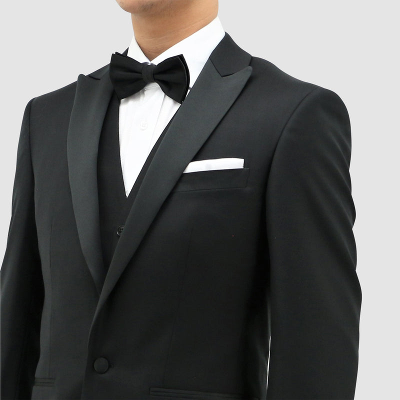 a close up view of the satin peak lapel on the Daniel Hechter slim fit jason tuxedo suit in black pure wool STDH106-01