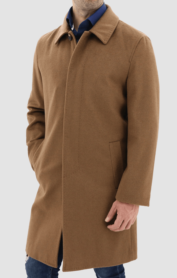 a model wears the daniel hechter slim fit carvell mens coat in tan W20DH817C-24